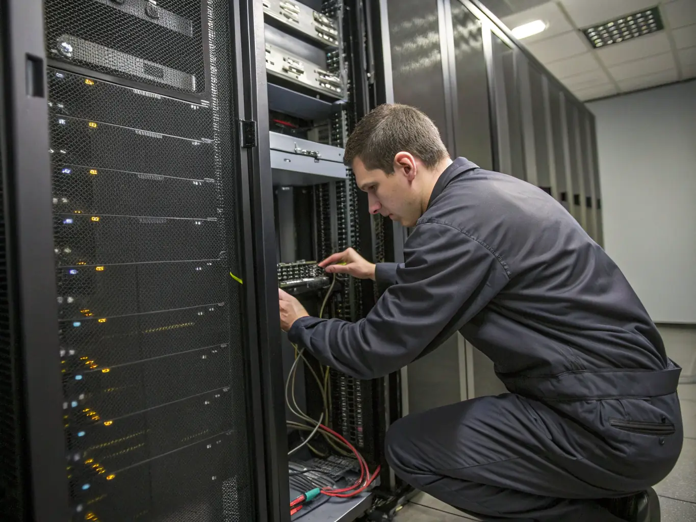 A technician is servicing an older phone system in a server room, highlighting the maintenance and support of legacy systems.