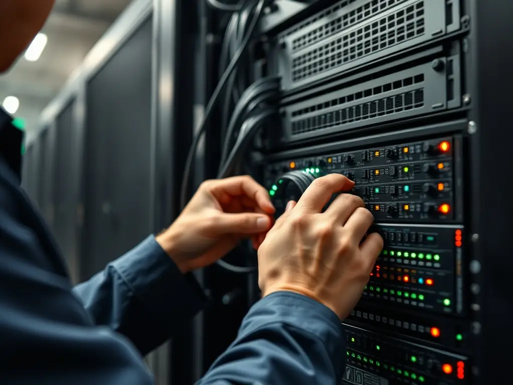 A close-up shot of neatly organized and labeled network cables in a server room, highlighting the precision and organization of DataTel 360's cabling services.