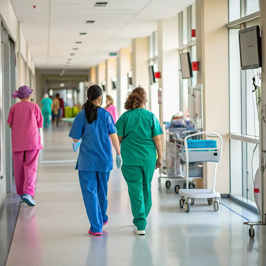 A busy hospital environment with doctors and nurses, representing the healthcare industry.
