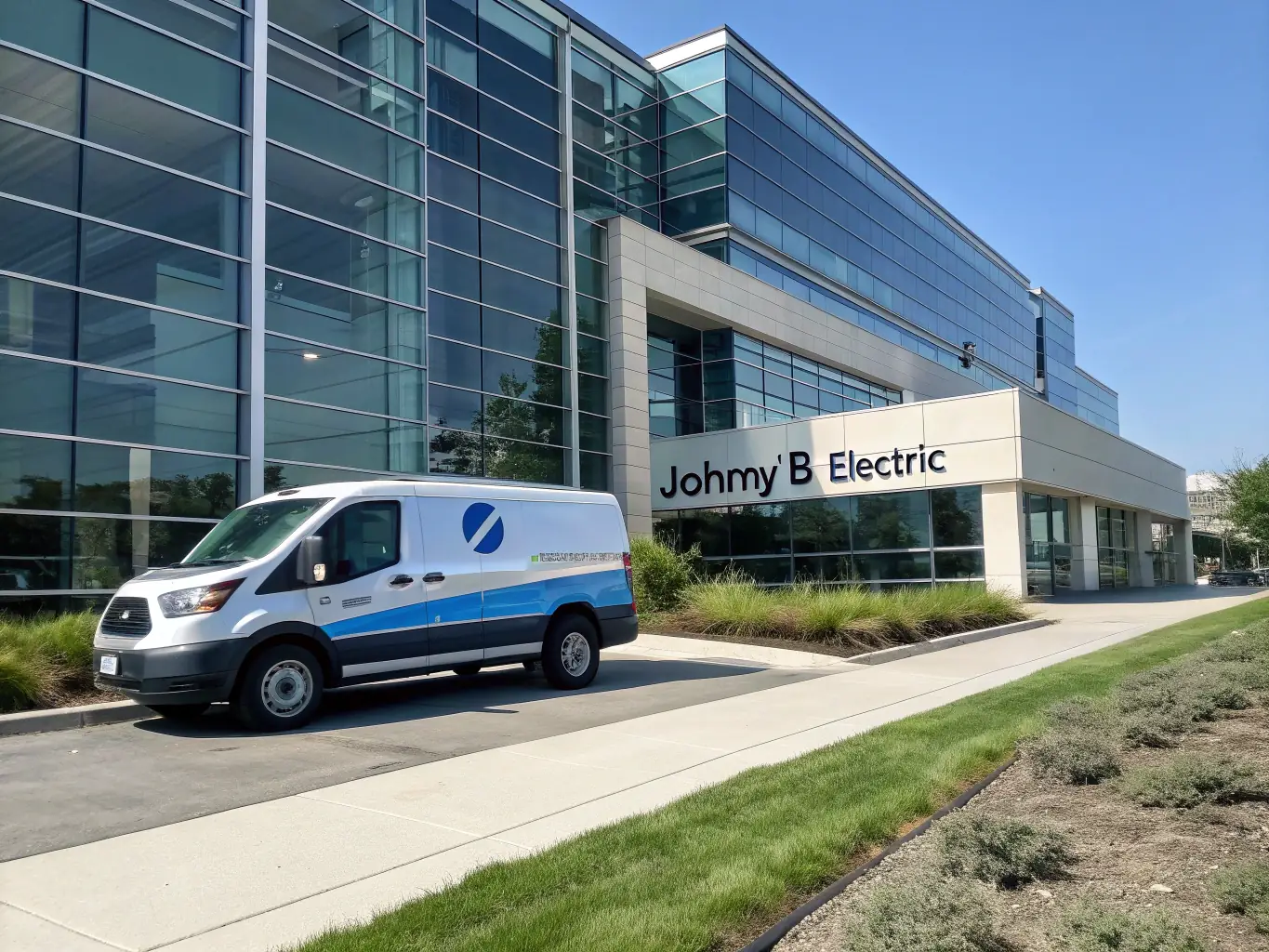 A wide shot of a modern office building with a DataTel 360 van parked outside, symbolizing reliable on-site service and support for businesses.