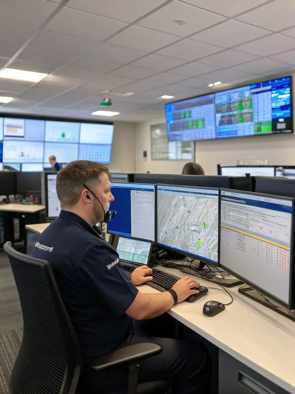 A dispatch team coordinating rapid response for on-site IT support, with a map of the United States highlighting service locations.