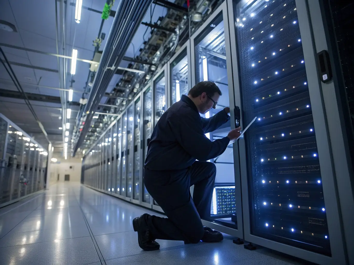 A technician installing a server rack in a data center, showcasing the rack and stack service.