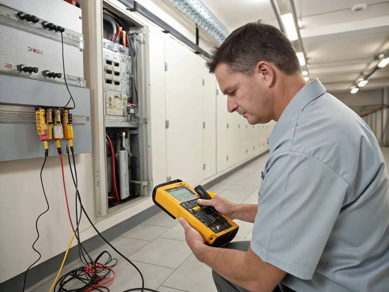 A technician using a cable tracer in a cluttered office environment to identify a specific network cable.