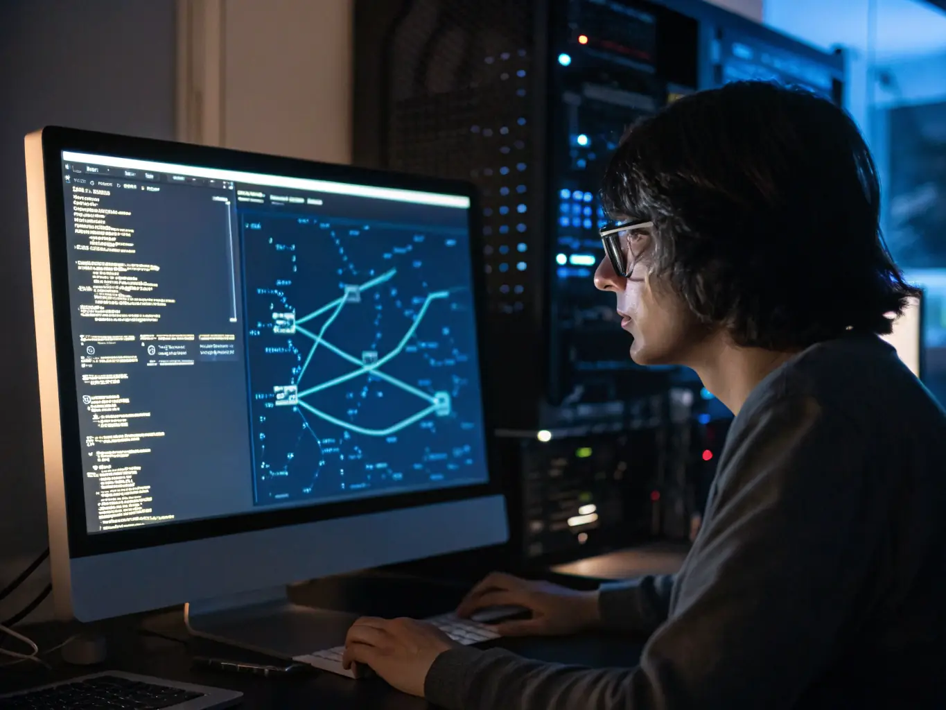 An IT engineer working on a detailed network design schematic on a large monitor, showcasing the planning and engineering phase of the deployment process.