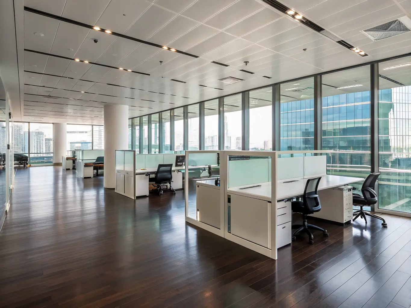 A wide shot of a modern office space with visible, well-organized cable pathways, demonstrating the aesthetic and functional benefits of structured cabling.
