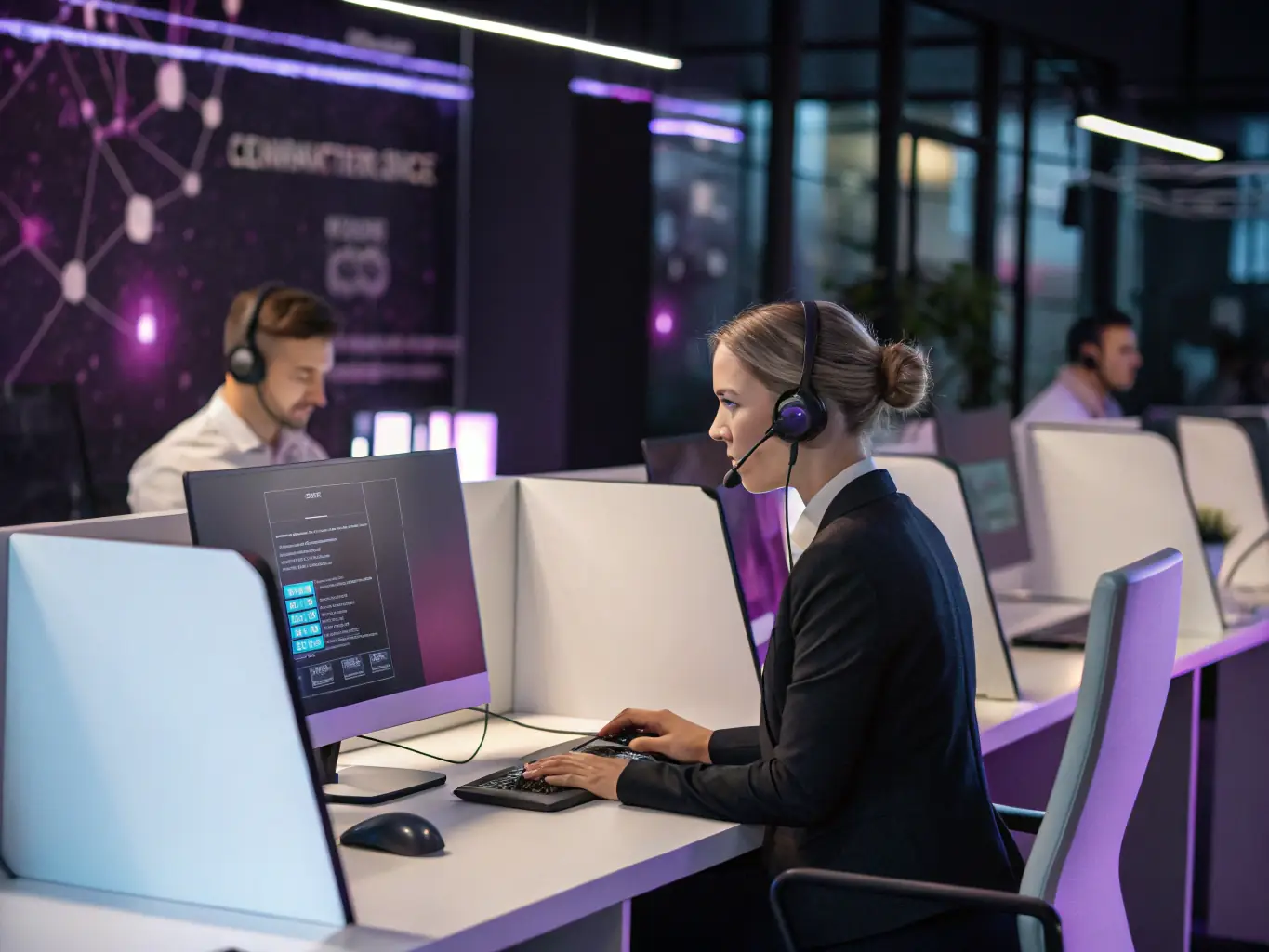 A modern office environment where employees are using Zultys IP phones, showcasing the platform's advanced call management and communication features.