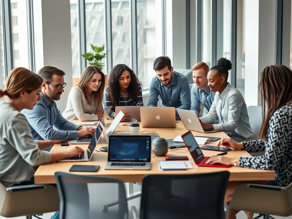 A modern office space with employees collaborating, showcasing DataTel 360's design-first approach to VoIP solutions.