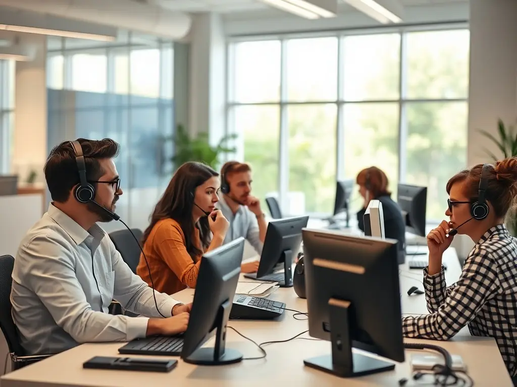 A professional office setting with employees collaborating seamlessly using VoIP phones, showcasing the flexibility and modern communication capabilities of DataTel 360's VoIP solutions.