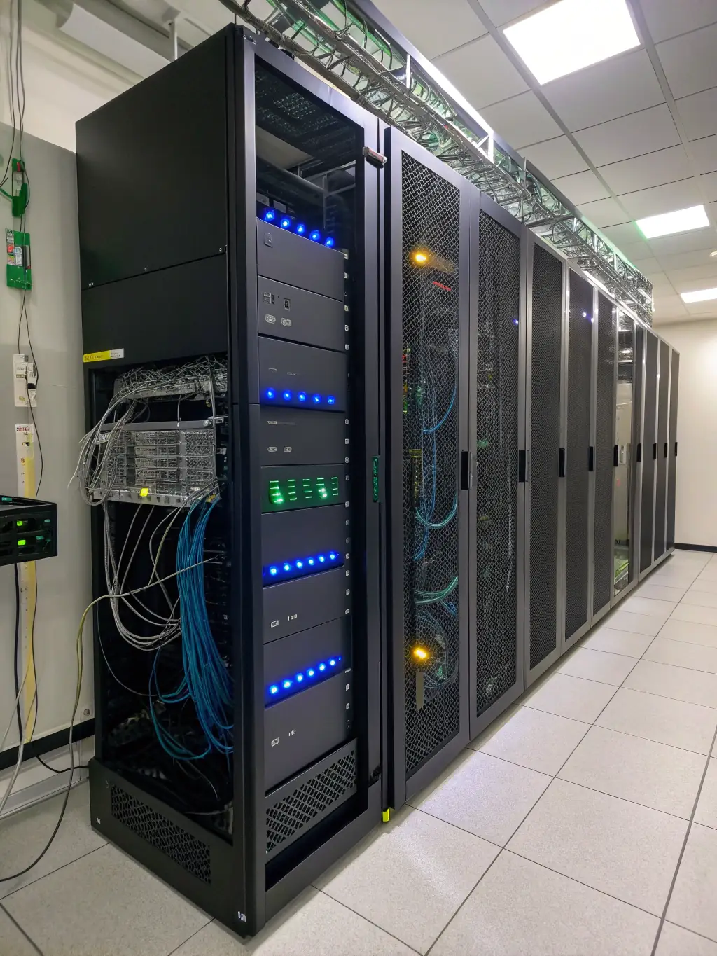 A neatly organized server room with color-coded cables, highlighting structured cabling solutions provided by DataTel 360.