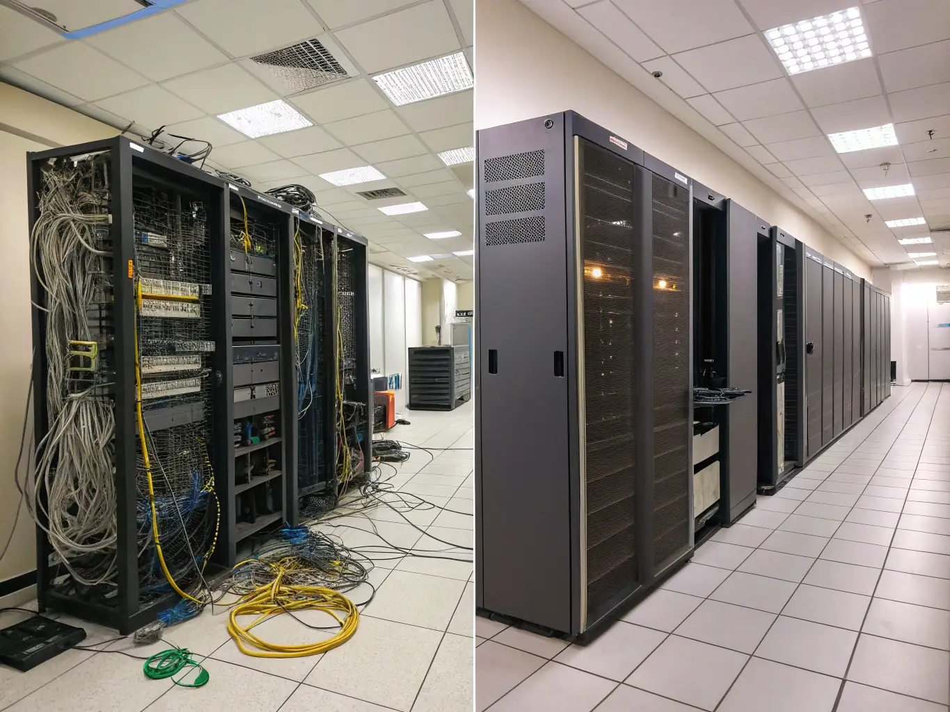 A before-and-after image showcasing an organized and efficient server room, emphasizing the improved network infrastructure and cabling adjustments provided by DataTel 360 during the relocation process.