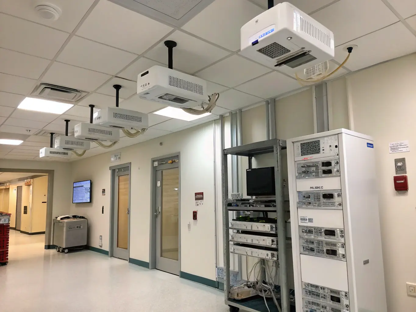 A clean and sterile healthcare environment with Cat6 cabling supporting critical medical equipment and communication systems.