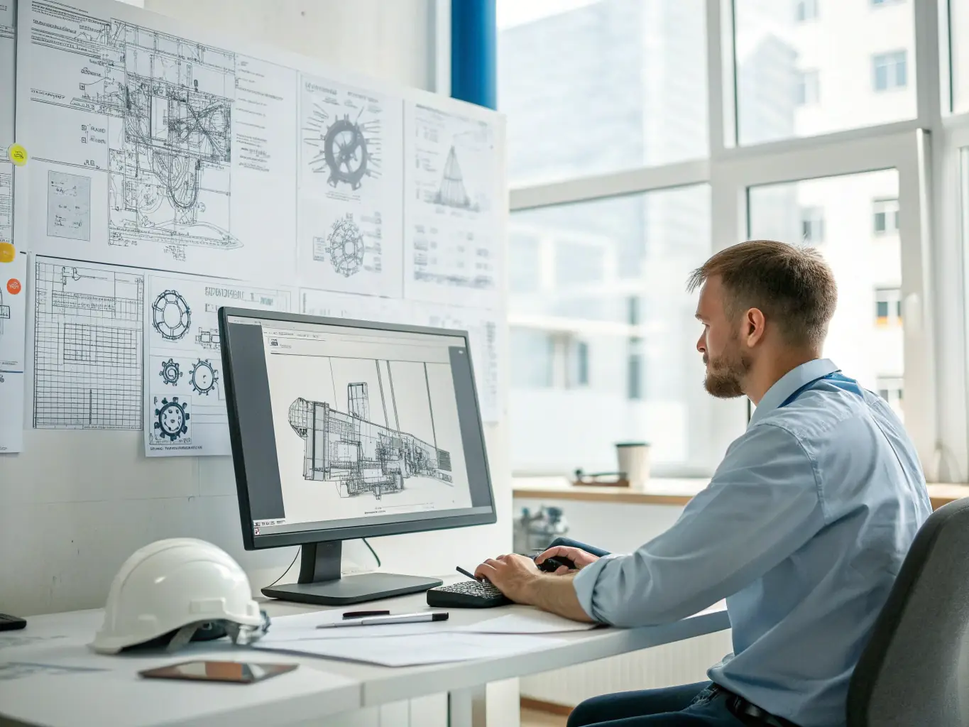 A DataTel 360 engineer working on a detailed network cabling design using CAD software, showcasing the planning and precision involved in the engineering phase. The image should convey technical expertise and meticulous planning.