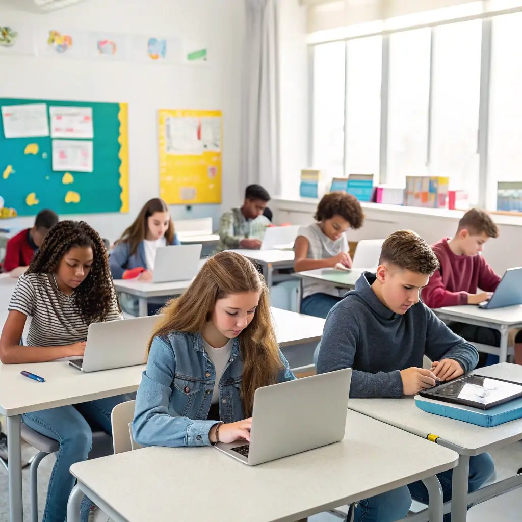 A classroom setting with students using computers, representing the education industry.