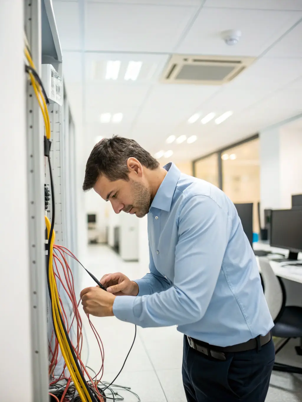 An image of DataTel 360 technicians performing routine maintenance on a structured cabling system, demonstrating their proactive approach to ensuring long-term network reliability and performance.