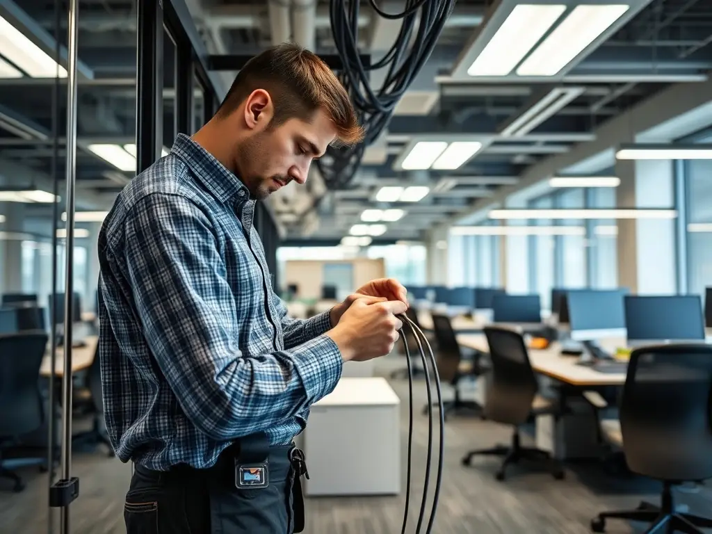 An image showcasing a structured cabling installation in a modern warehouse environment, highlighting organized and efficient cable management.