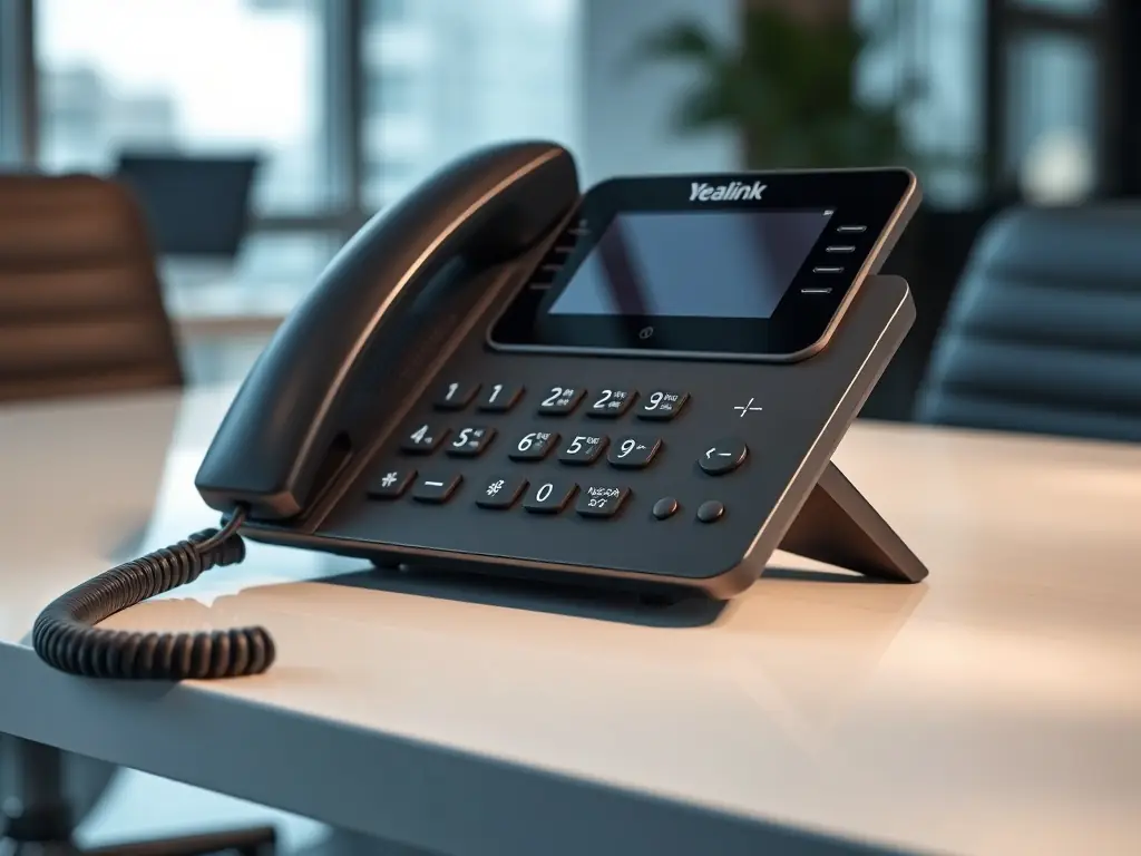 A professional office setting with a modern VoIP phone prominently displayed on a desk, showcasing the auto attendant feature with a clear and intuitive interface on the phone's screen.