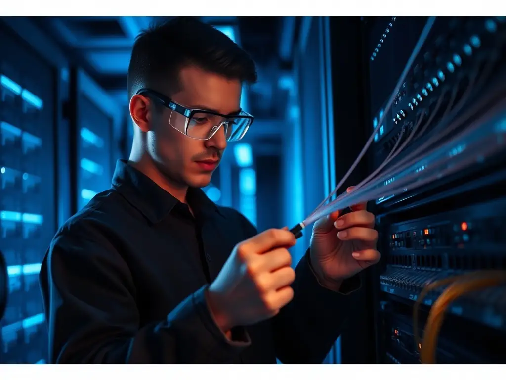 A technician using a Fluke testing device on a newly installed fiber optic cable, demonstrating DataTel 360's commitment to quality assurance.