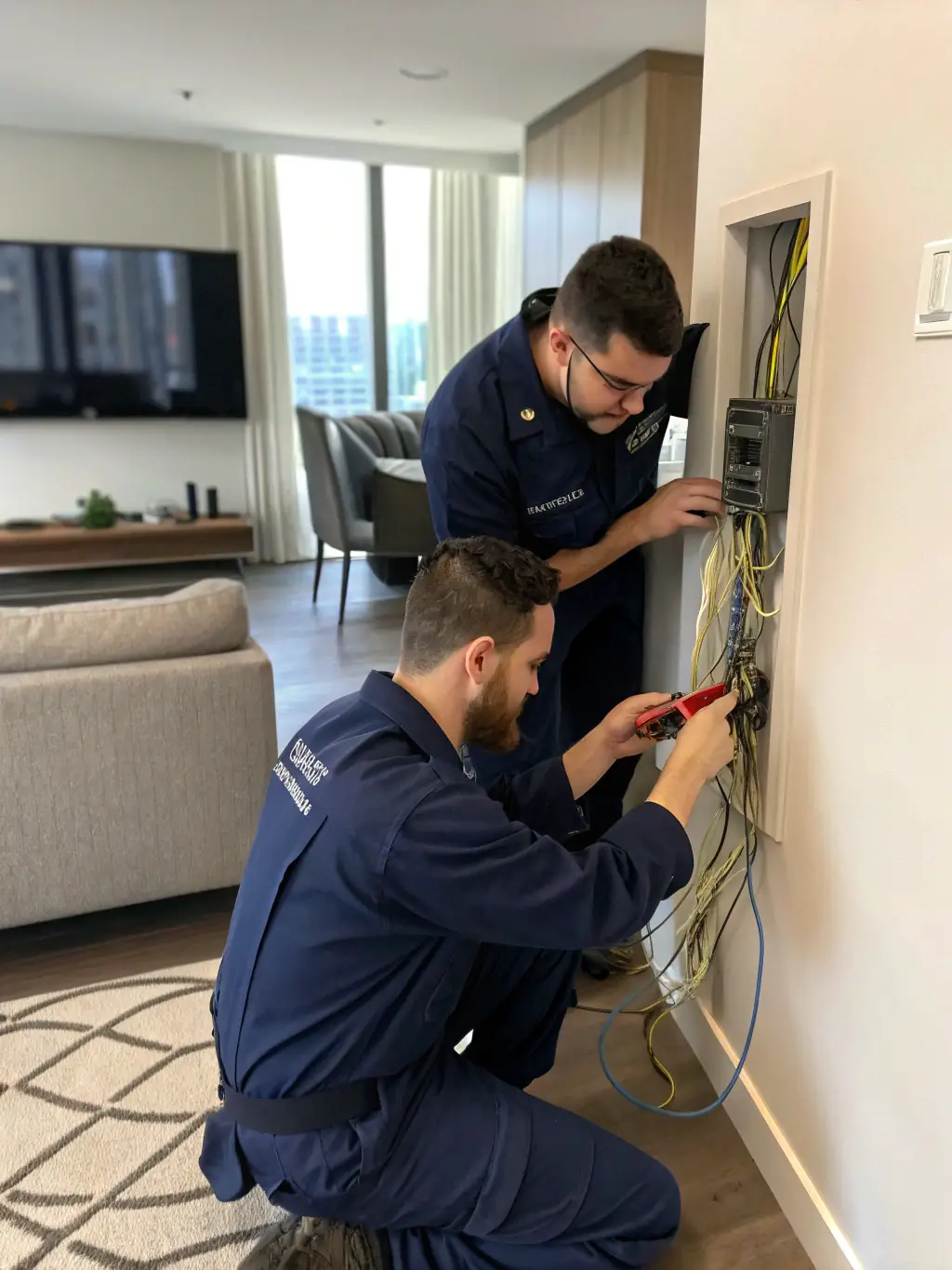 Technicians installing fiber optic cables in a commercial building, showcasing DataTel 360's fiber optic installation services.