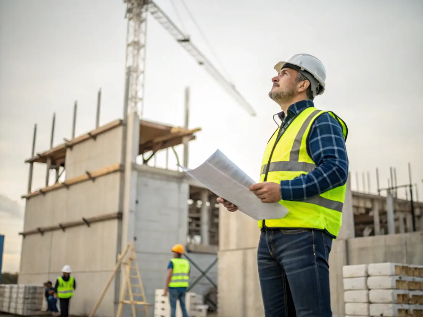 A project manager in a hard hat, coordinating with a general contractor on a construction site, illustrating DataTel 360's proactive coordination with other trades to ensure seamless project execution.