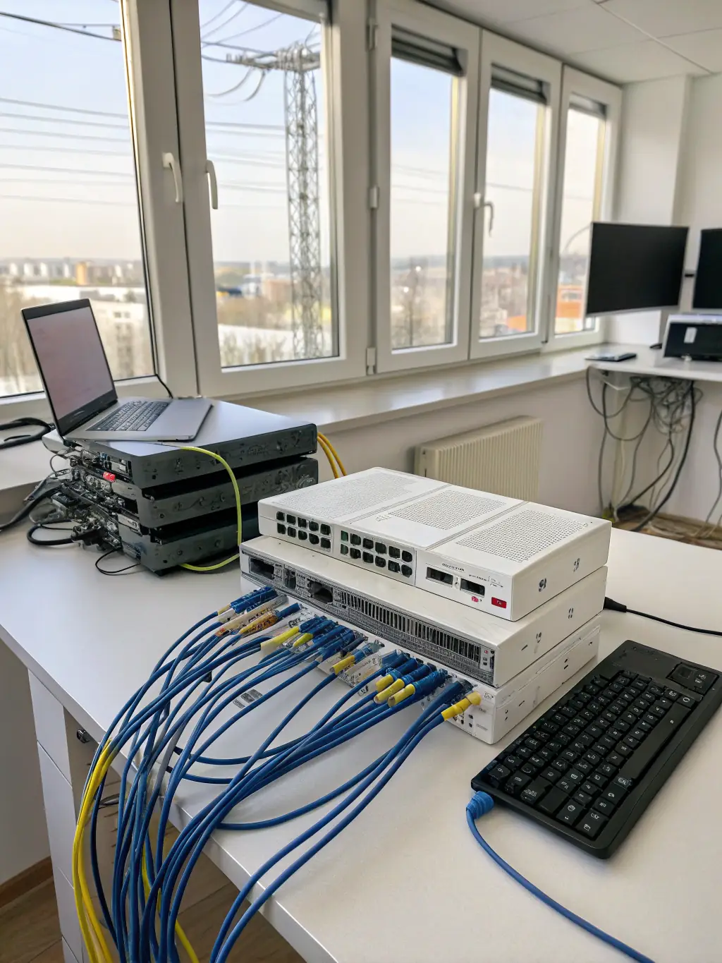 A brightly lit, modern office space with neatly installed network cables running along the walls and ceiling, showcasing a clean and organized cabling infrastructure.