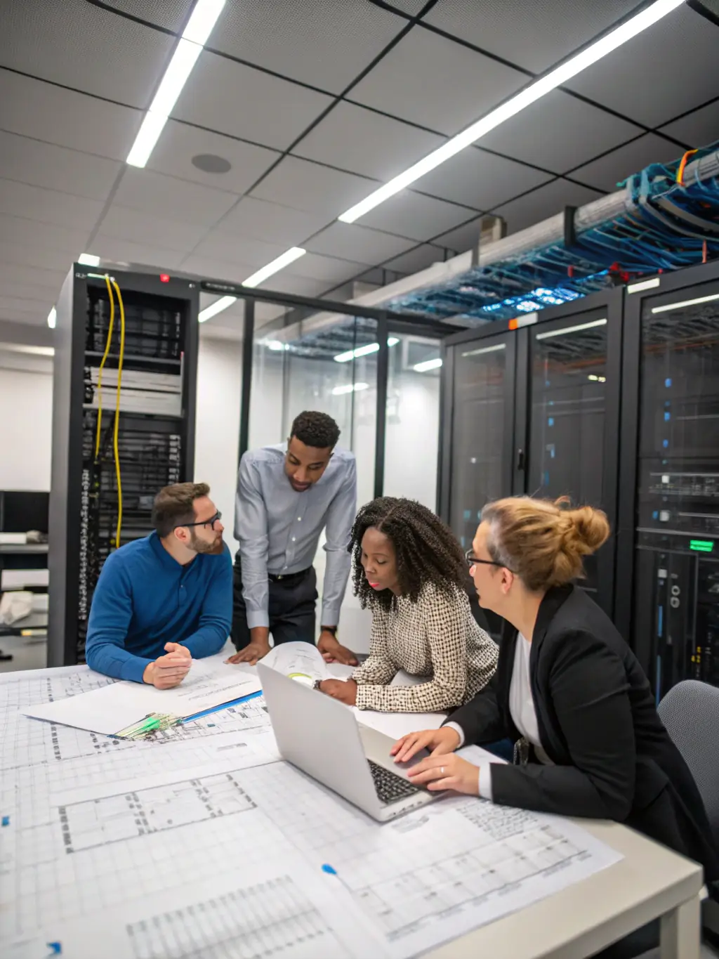 A detailed image of DataTel 360 engineers designing a structured cabling system blueprint, showcasing their expertise in planning and customization for optimal network performance.