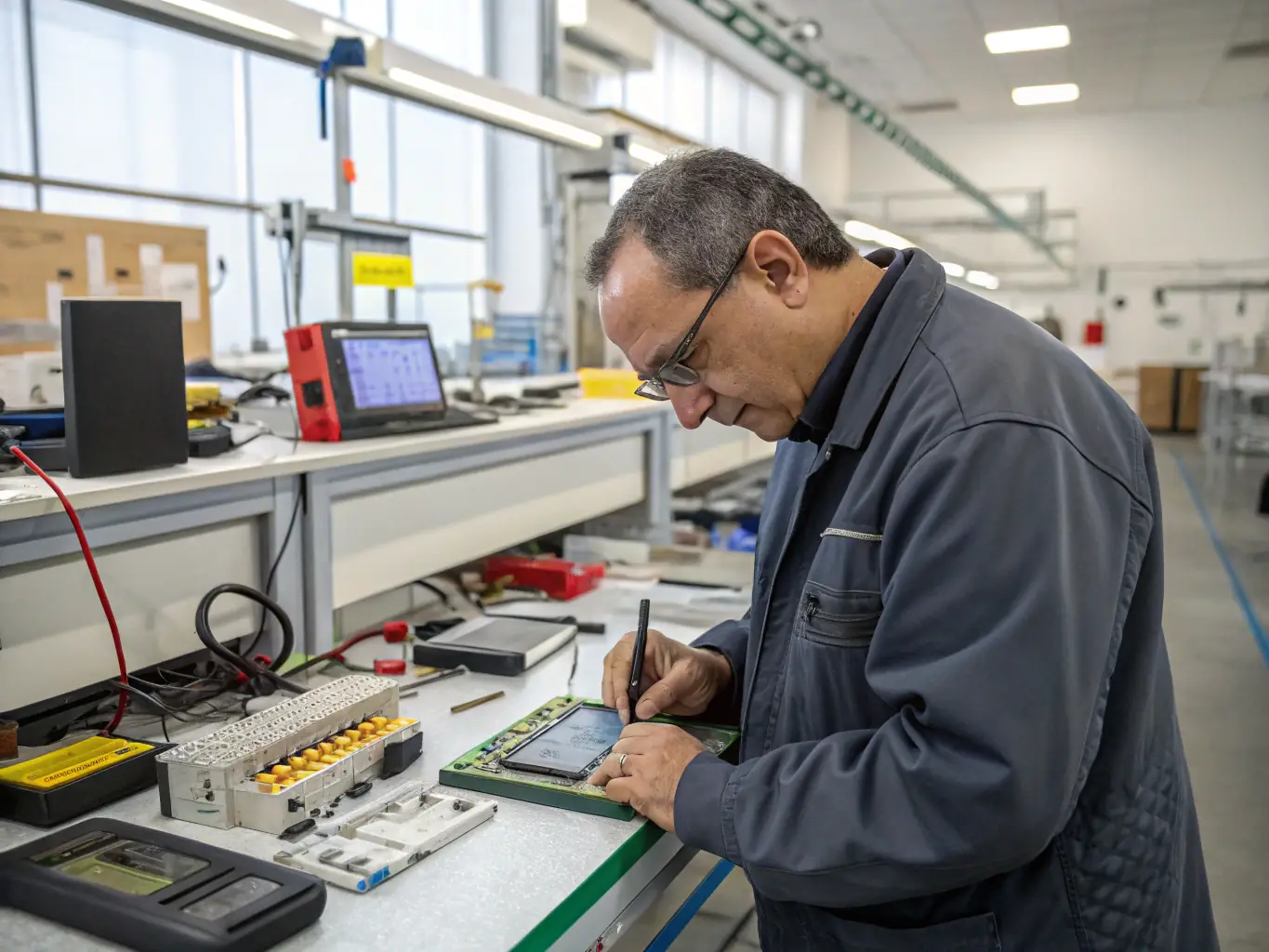 A photo of a DataTel 360 technician performing final testing and quality assurance checks on a newly installed business phone system.