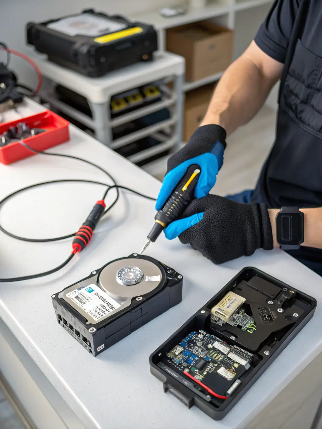 A technician replacing a faulty hard drive in a server, with a focus on the precision and care taken during the replacement process.