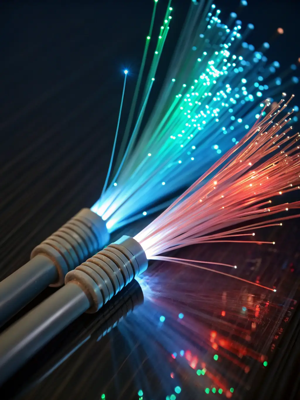 A close-up shot of a fiber optic cable transmitting data, with light streaks representing high speed and connectivity, used to illustrate the speed benefits of DataTel 360's services.