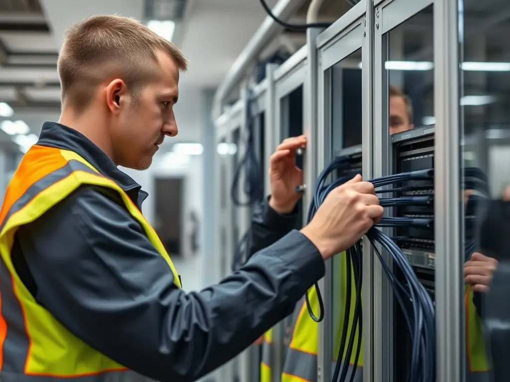 A close-up shot of a technician meticulously working on structured cabling, with visible certification badges on their uniform. The image should emphasize precision and adherence to industry standards.