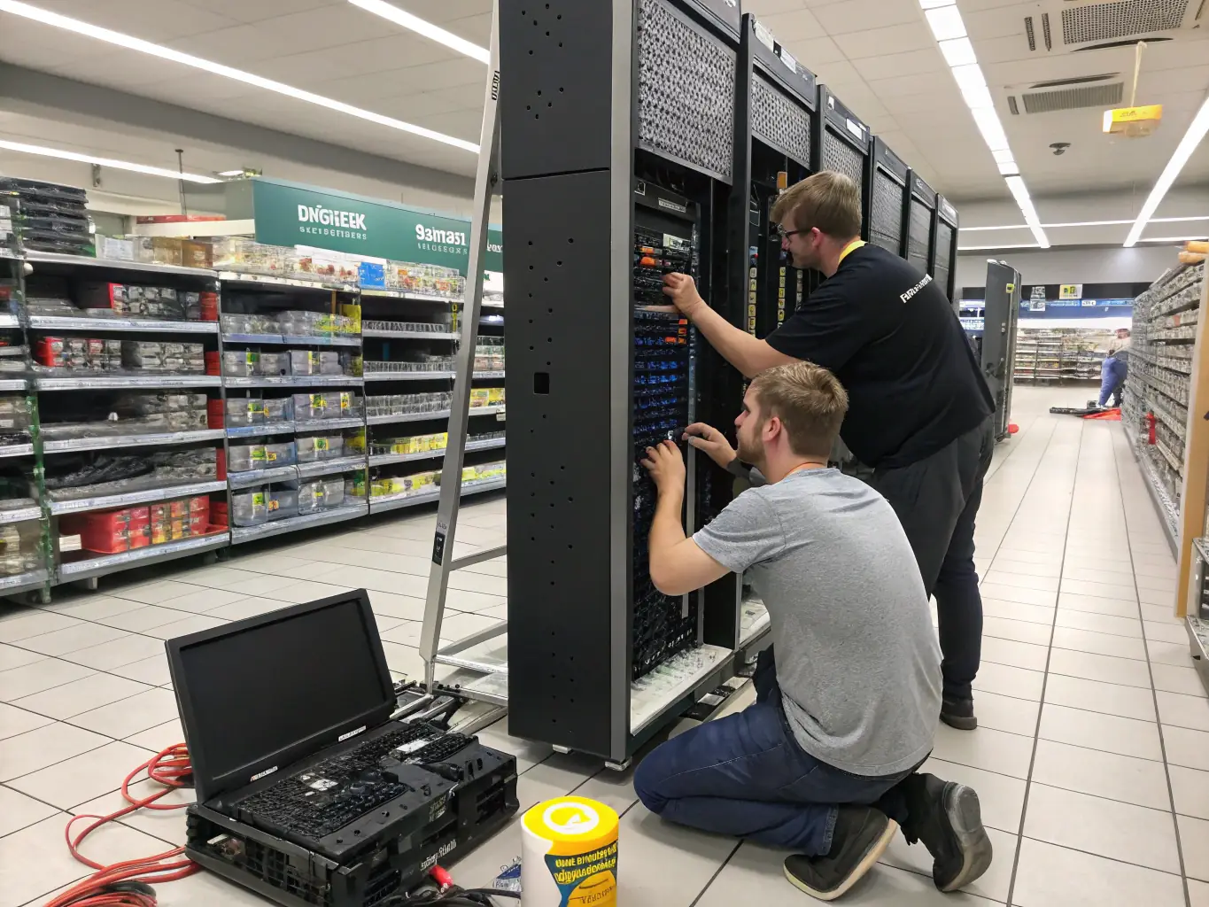 A wide shot of a retail store being set up with new IT infrastructure, showing technicians installing network cables and setting up point-of-sale systems. The scene is well-lit and professional, emphasizing the organized and efficient deployment process.