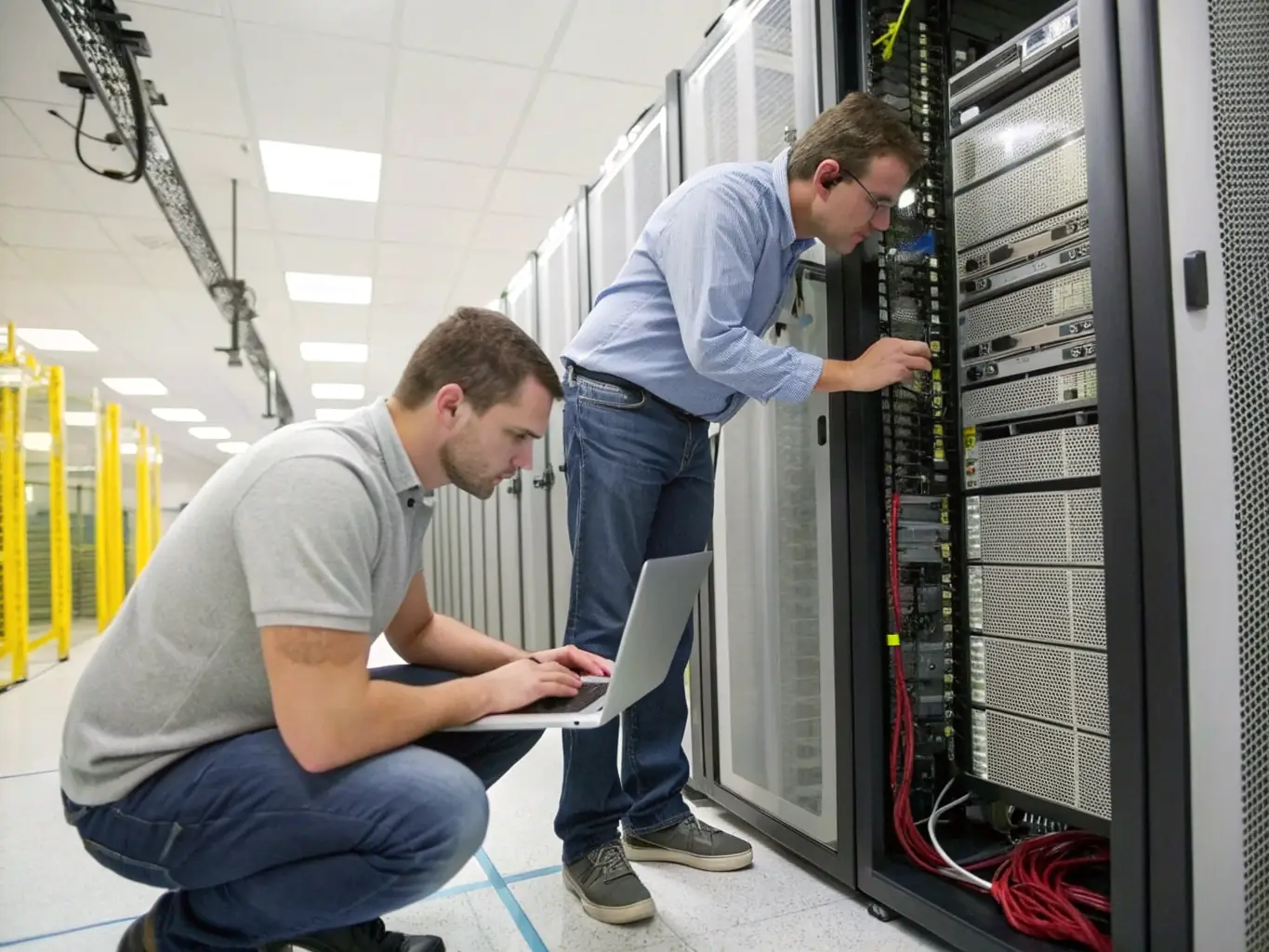 A team of IT professionals installing network cabling in a server room, representing the ability to start projects immediately with Affirm financing.