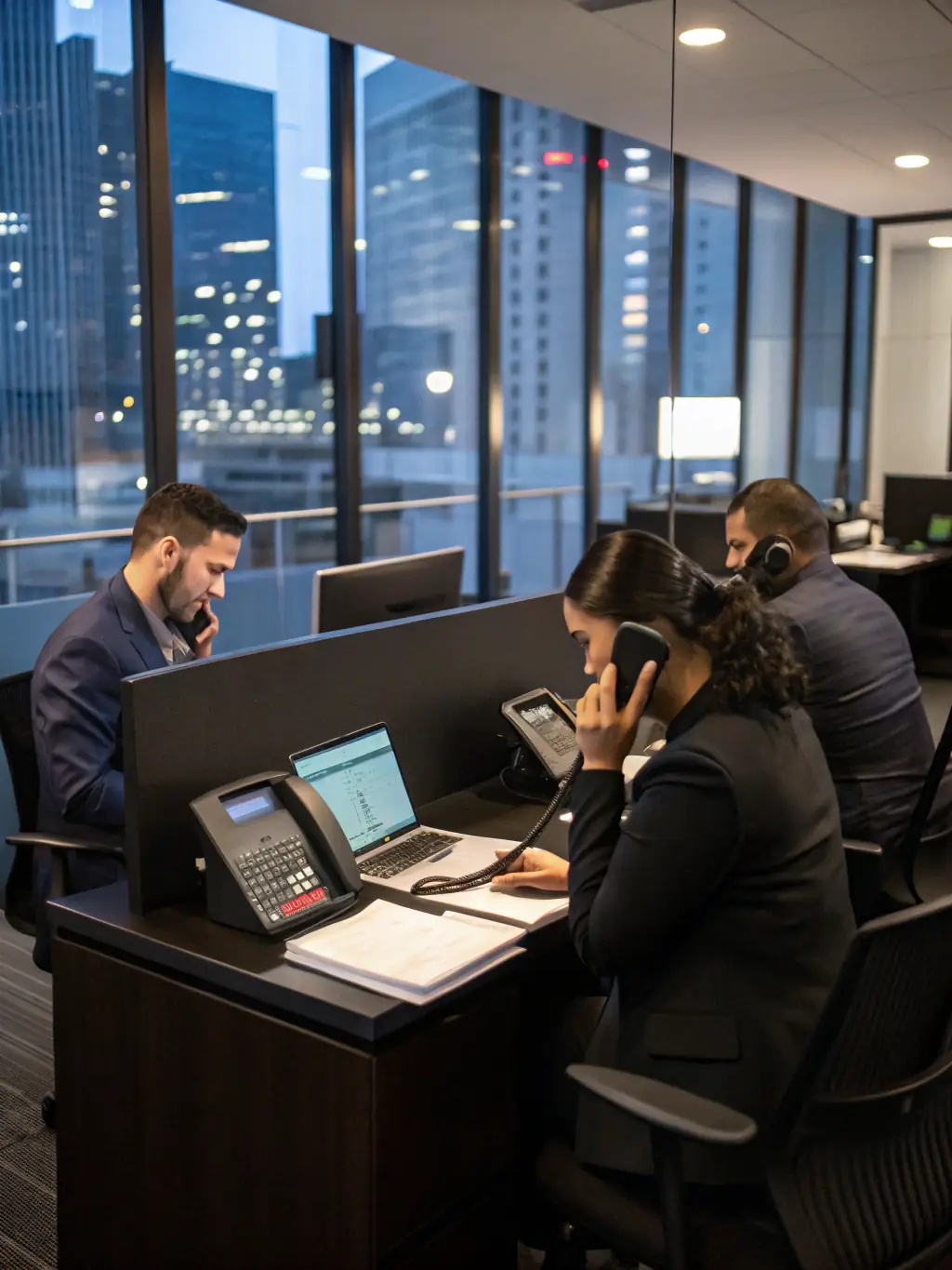 A modern office environment with employees collaborating seamlessly using VoIP phones and a well-organized structured cabling system, showcasing efficient communication.