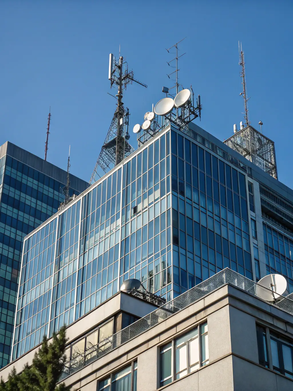 A modern office building in Atlanta, connected by a high-speed fiber optic network, symbolizing the future of business connectivity.
