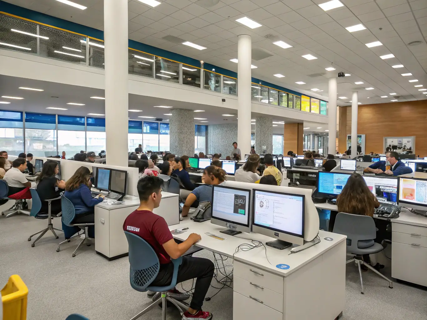 A classroom setting with students using computers, highlighting the importance of a stable and fast network connection provided by Cat6 cabling.