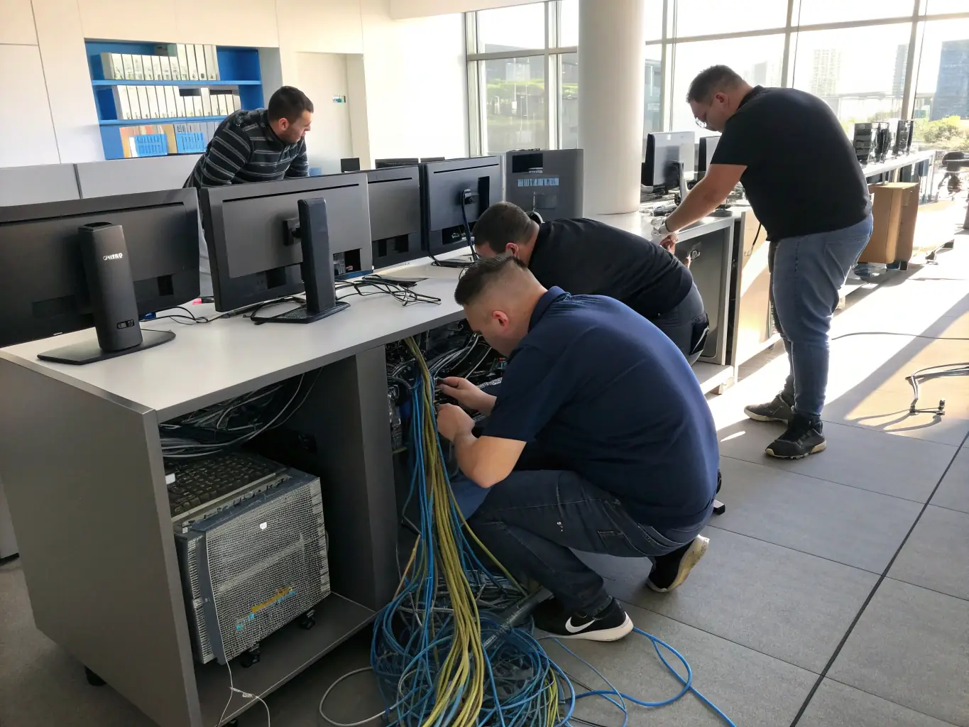 A high-resolution image depicting a technician installing structured cabling in a modern office environment, showcasing organized cable management and professional installation practices.