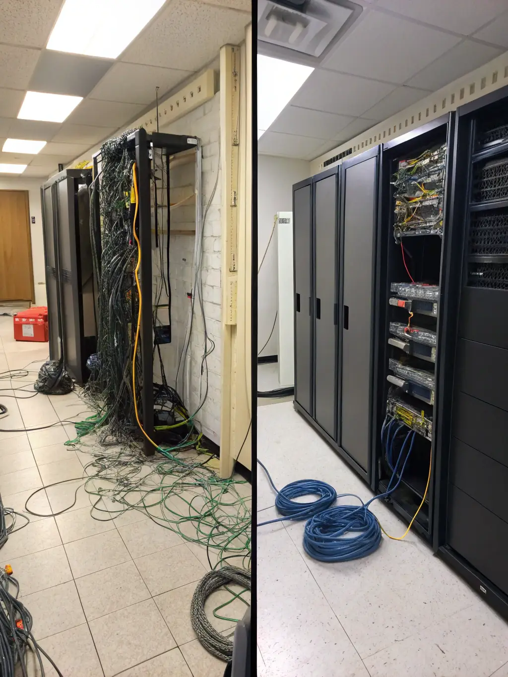 A before-and-after image showing a tangled mess of old cables being replaced with a clean, organized, and labeled cabling system by DataTel 360.