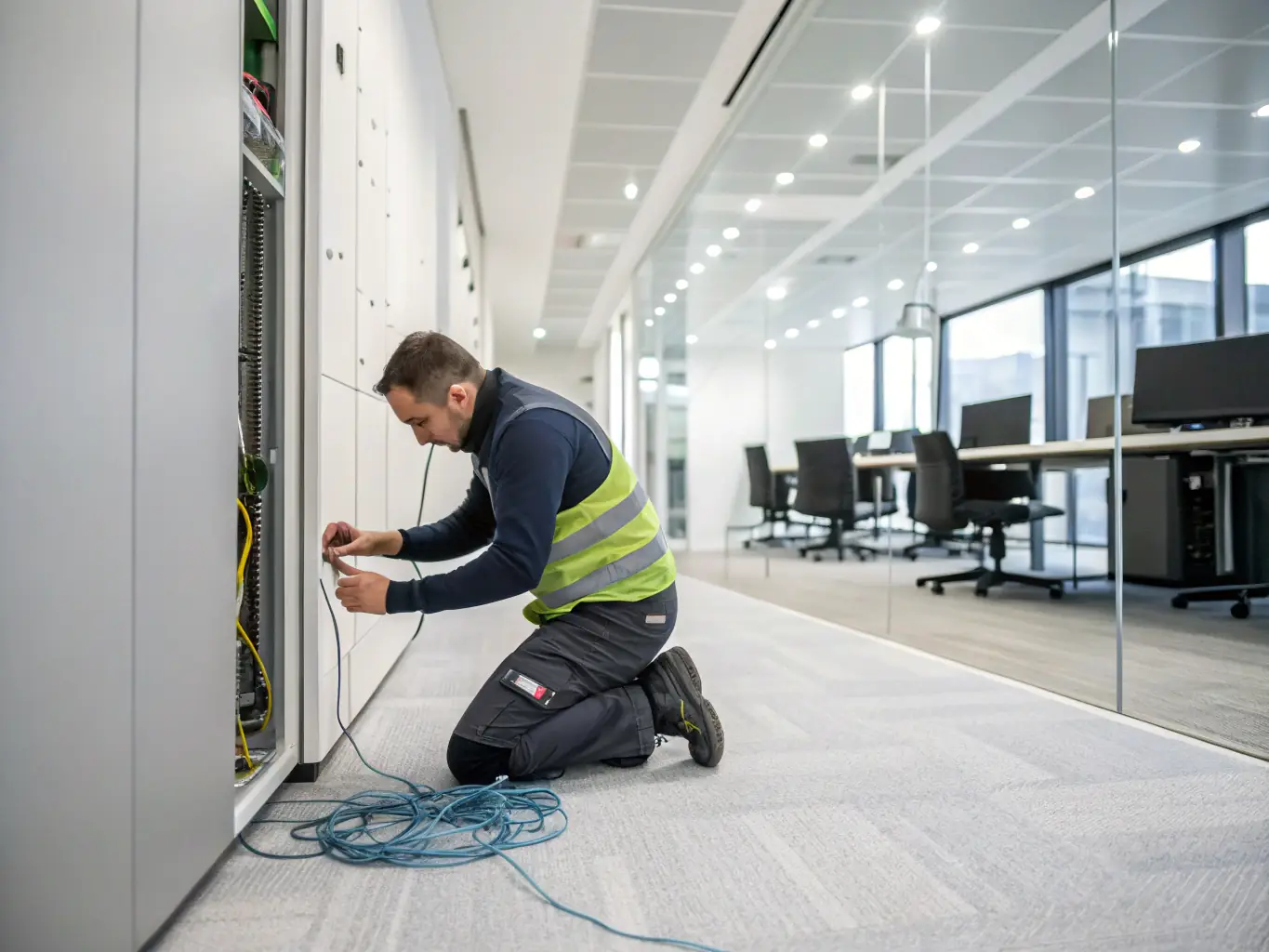 A technician installing structured cabling in a modern office environment, highlighting the scalability and flexibility of the system to accommodate future growth and changes.