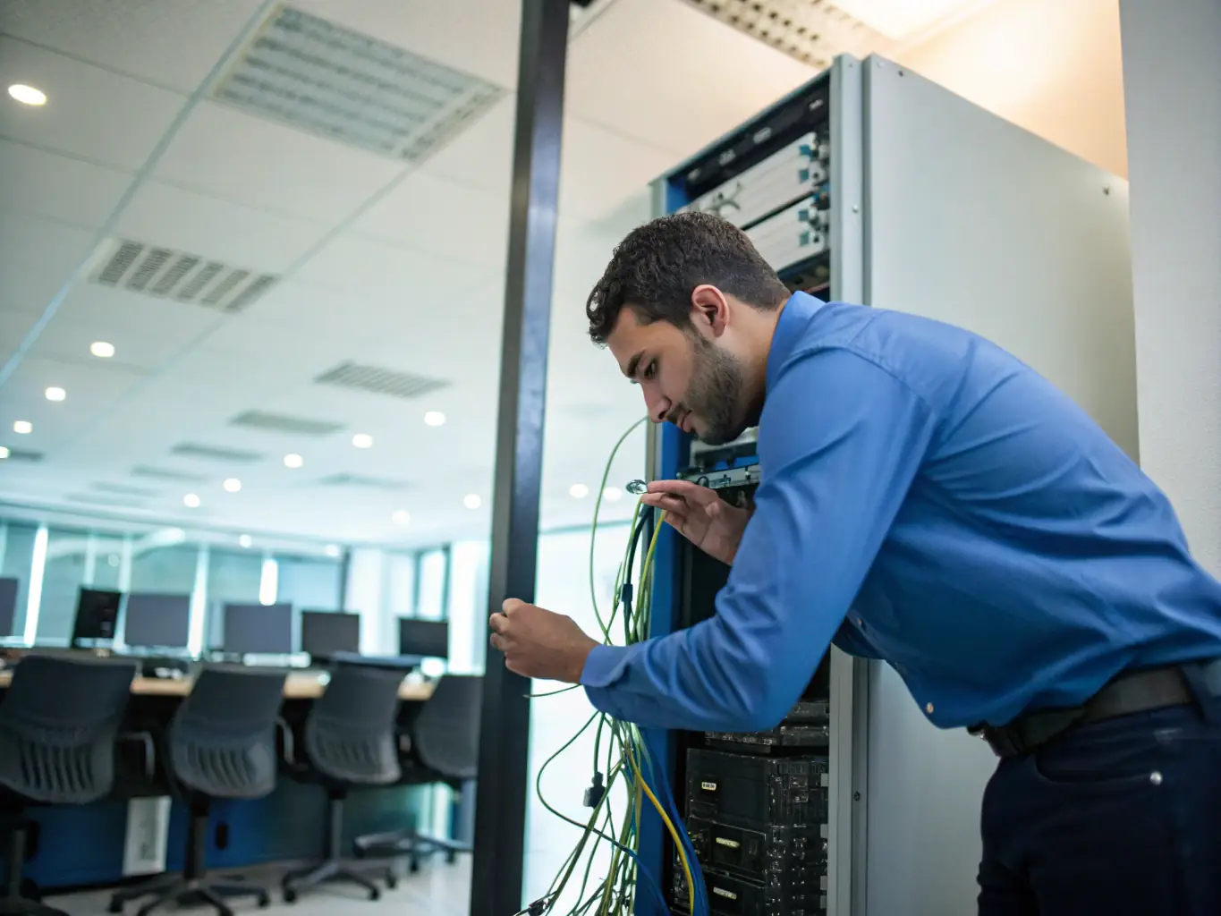 An image of a network technician performing diagnostics on Cat6 cabling, showcasing the reliability and performance testing conducted by DataTel 360.