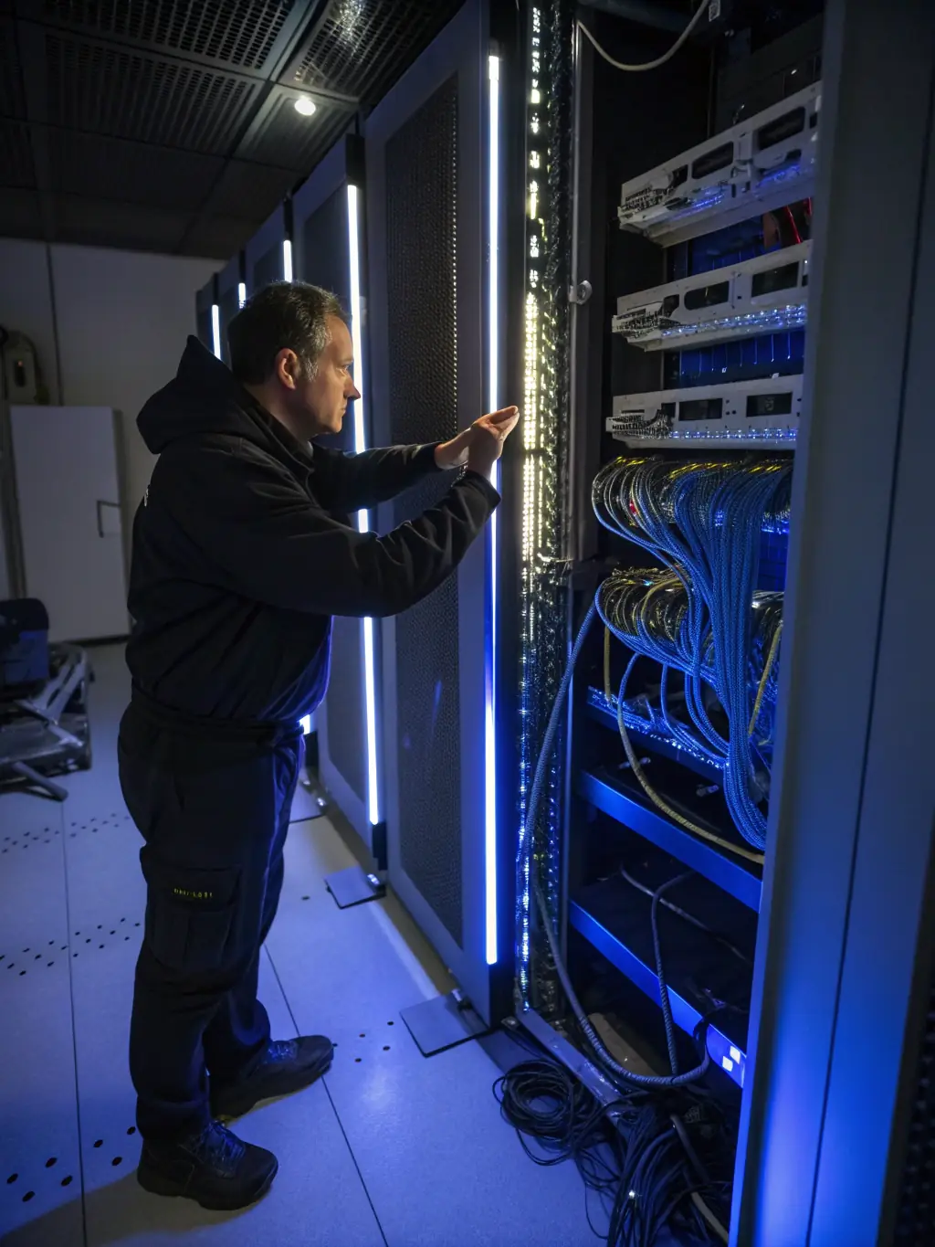 A technician troubleshooting a VoIP system issue in a server room, emphasizing DataTel 360's troubleshooting expertise.
