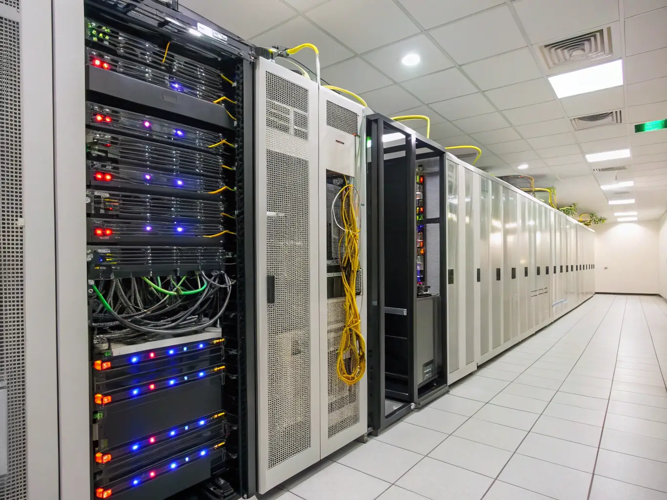 A high-resolution photograph showcasing a newly installed server rack in an MDF room, highlighting the neat cable management and organized layout.