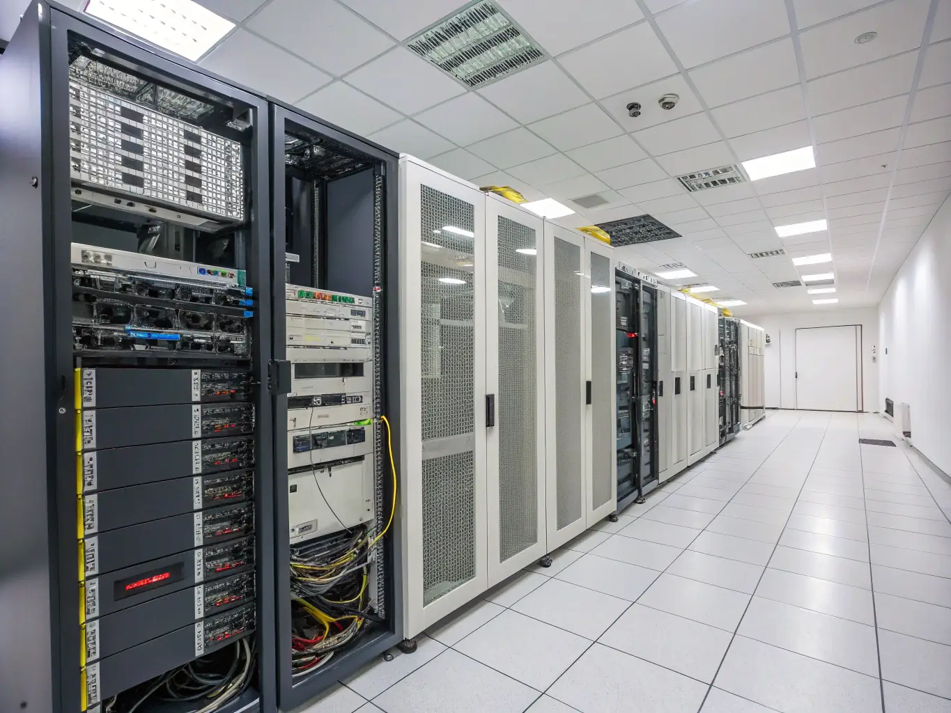 A professionally organized server room with neatly arranged racks, color-coded cables, and proper labeling, showcasing the benefits of structured cabling and efficient cable management.