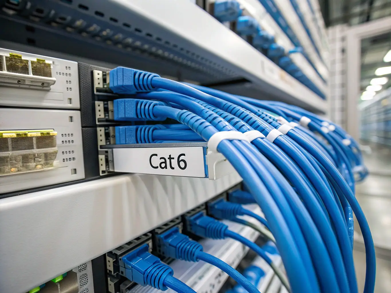 A close-up shot of neatly organized and labeled Cat6 cables in a server room, highlighting the precision and organization of DataTel 360's structured cabling solutions.