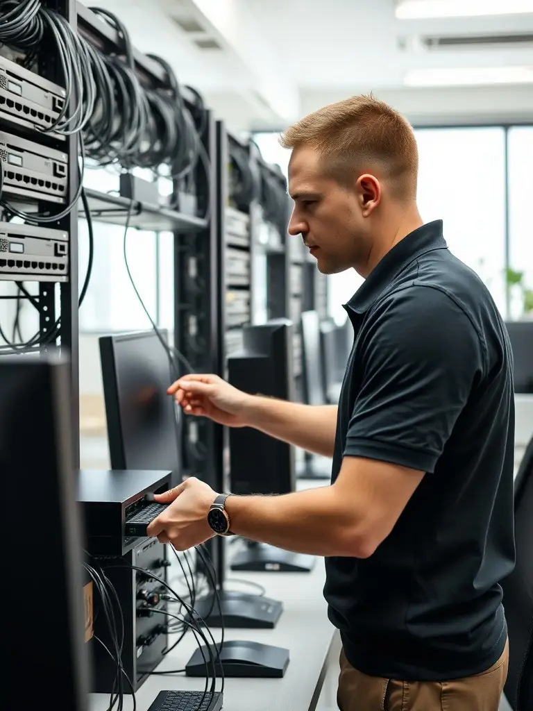 A DataTel 360 technician swiftly troubleshooting a network issue at a client's office, highlighting the company's commitment to fast dispatch times.
