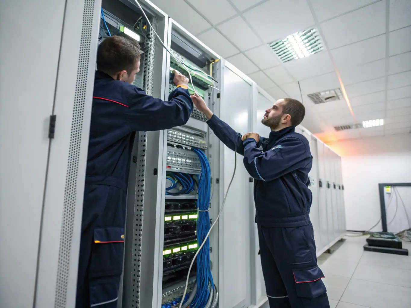 A technician installing structured cabling in a server room, highlighting the organized and efficient network infrastructure.