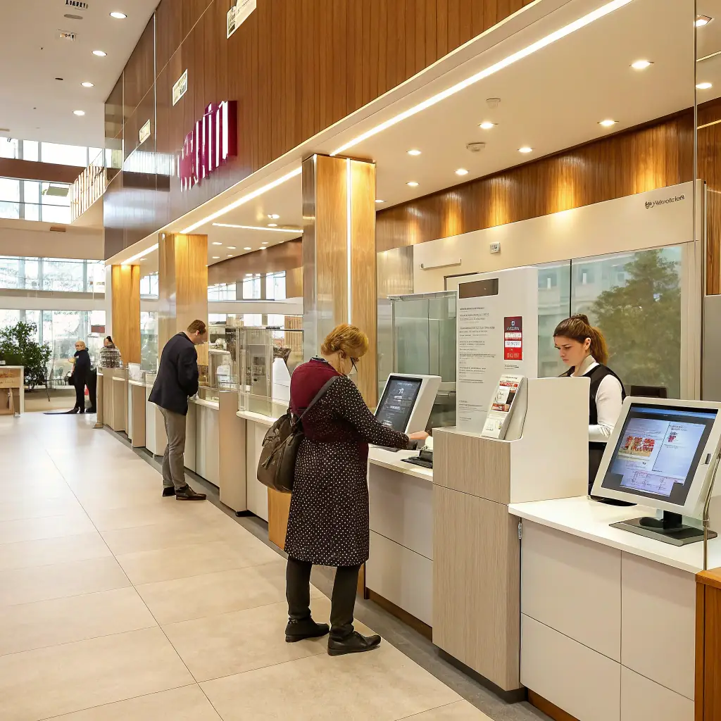 A financial institution with tellers and customers, representing the finance industry.
