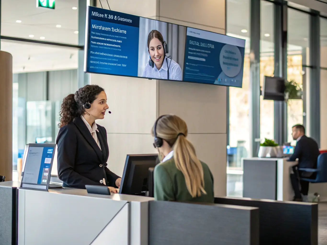 A professional office setting with a receptionist using an advanced VoIP phone system, showcasing the auto attendant feature.