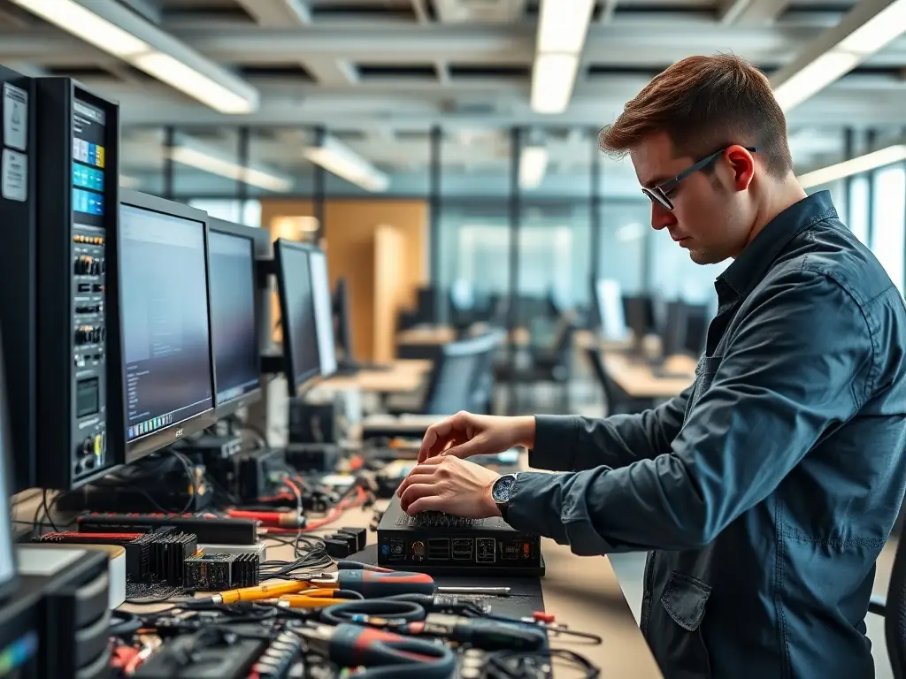 A DataTel 360 technician is programming a legacy NEC phone system using a laptop, with a focus on the system's interface and configuration.