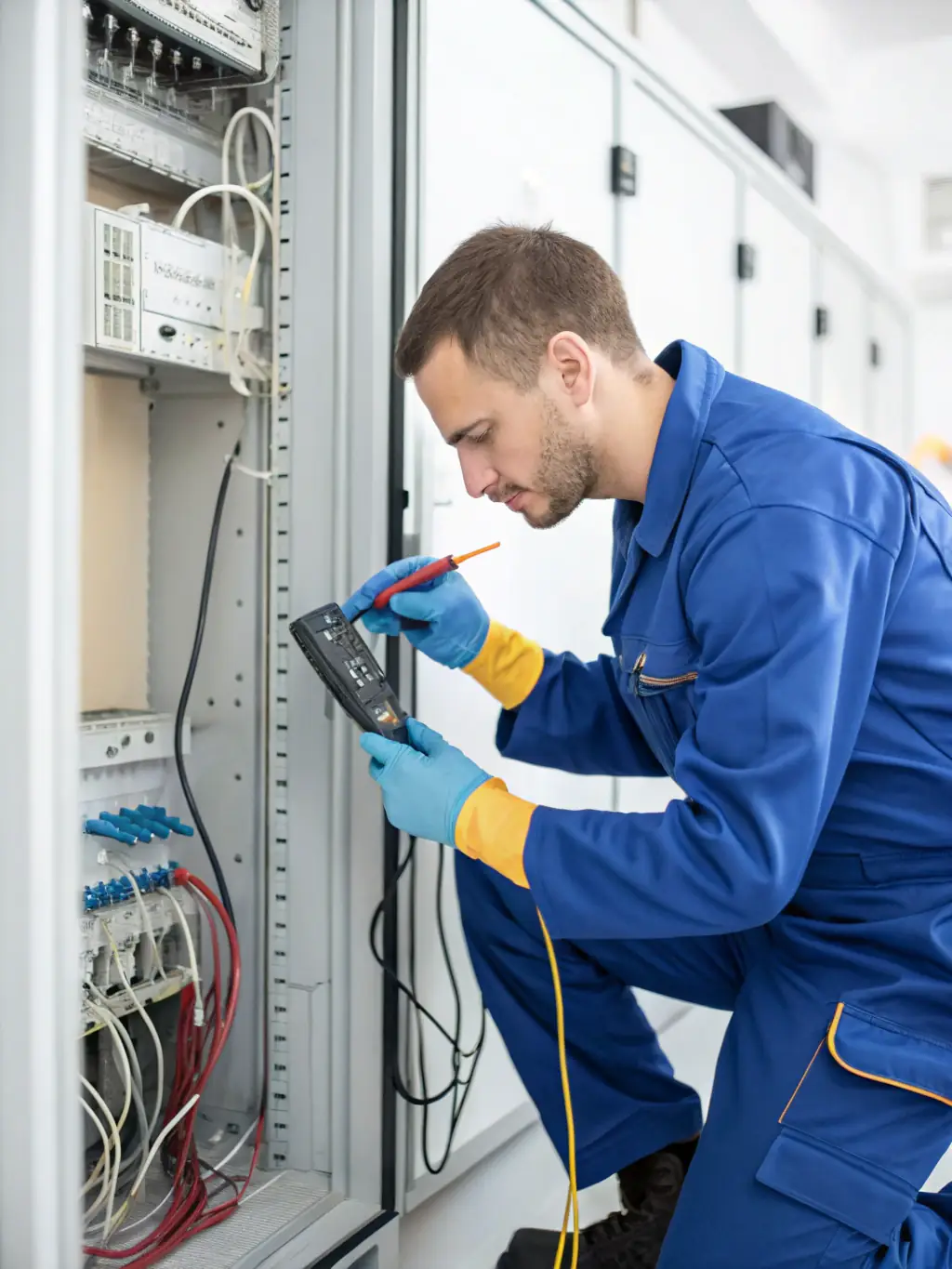 A close-up image of DataTel 360 technicians using specialized testing equipment to certify Cat6 cable performance, highlighting their commitment to quality assurance and standards compliance.