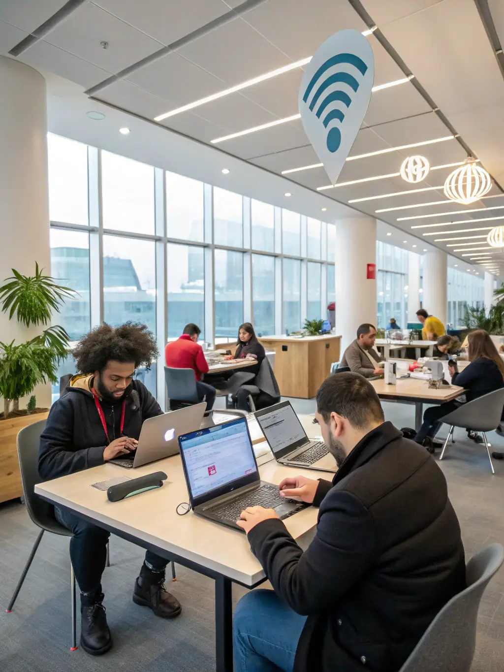 A modern office space with strategically placed Wi-Fi access points, showing employees working seamlessly on laptops and mobile devices.