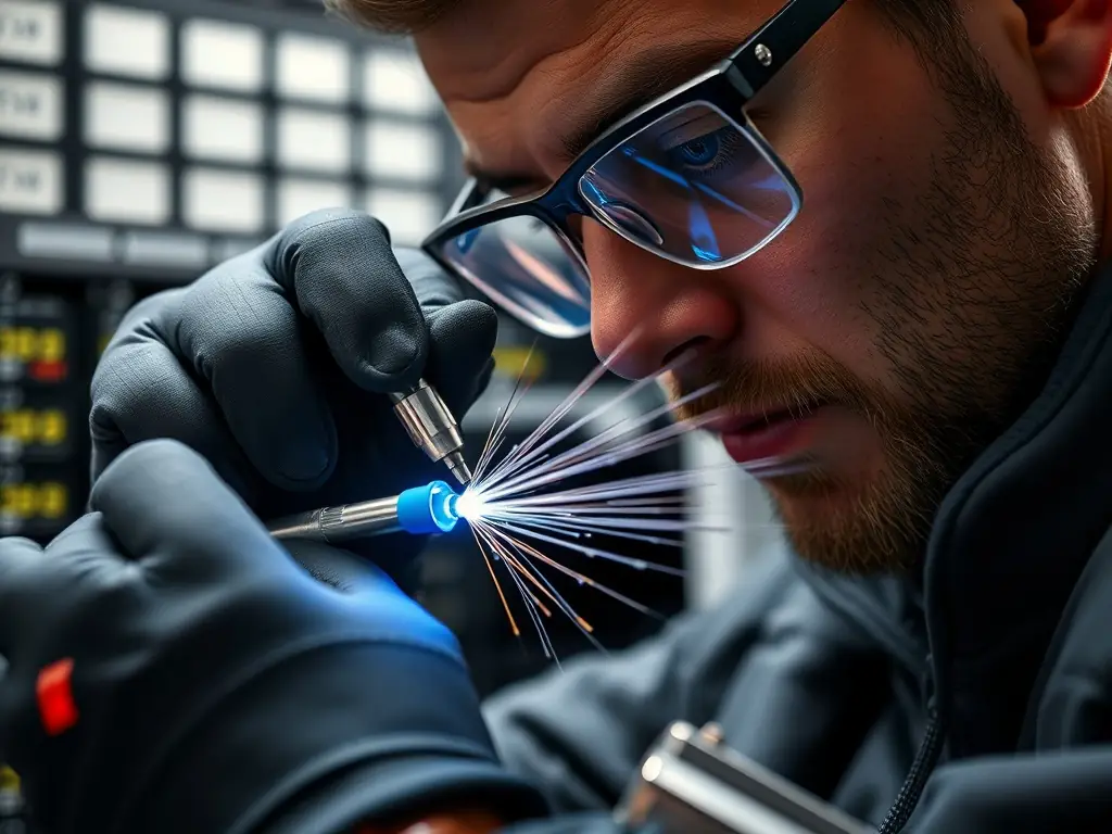 A close-up image of a fiber optic cable being spliced, highlighting the precision and technical expertise involved in fiber optic installations.
